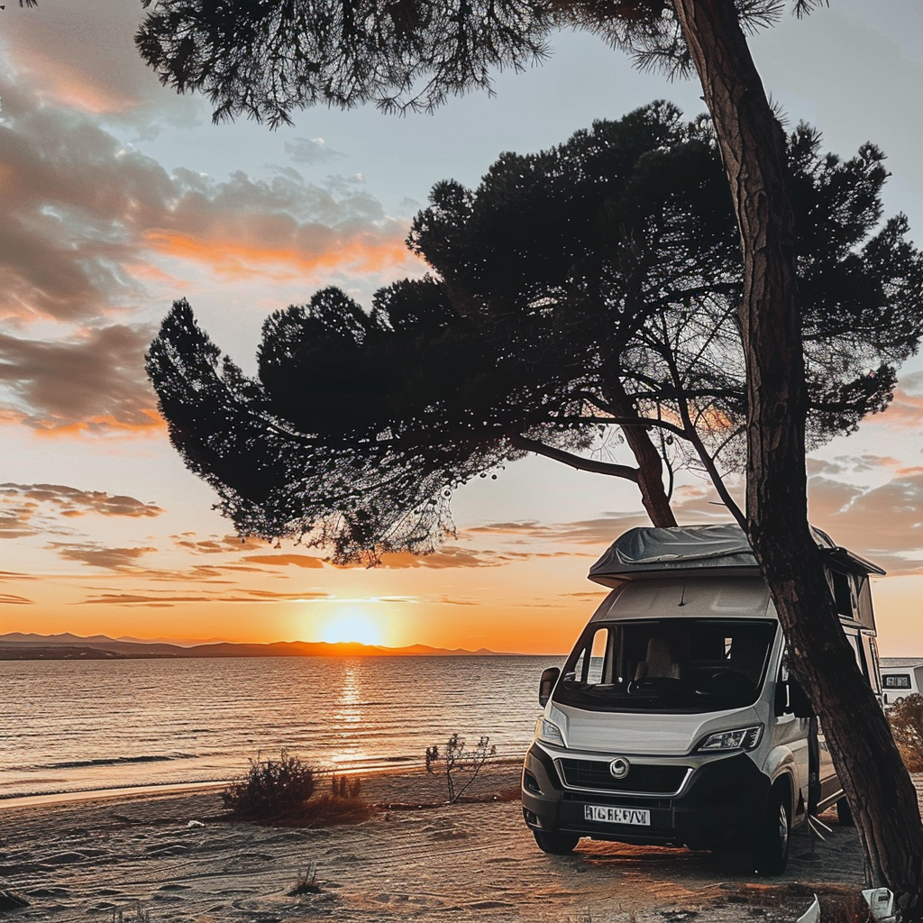 CamperVan am Strand im Sonnenuntergang